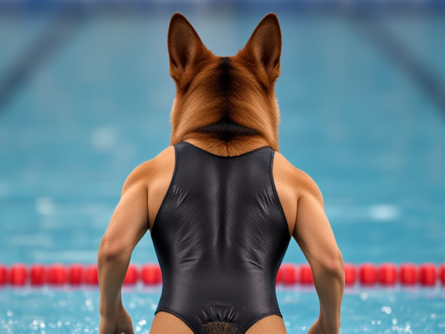 A anthropomorphic German shepherd Olympic swimmer wearing a one piece swimsuit