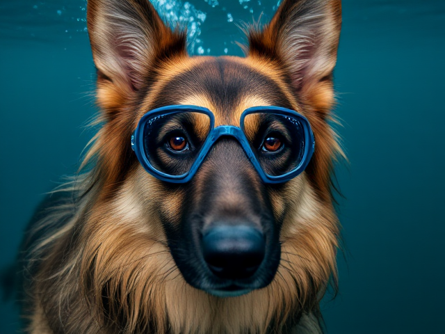 Anthropomorphic German shepherd with long hair, wearing freediving goggles, face tinted blue from holding breath too long, underwater setting, detailed fur and expression