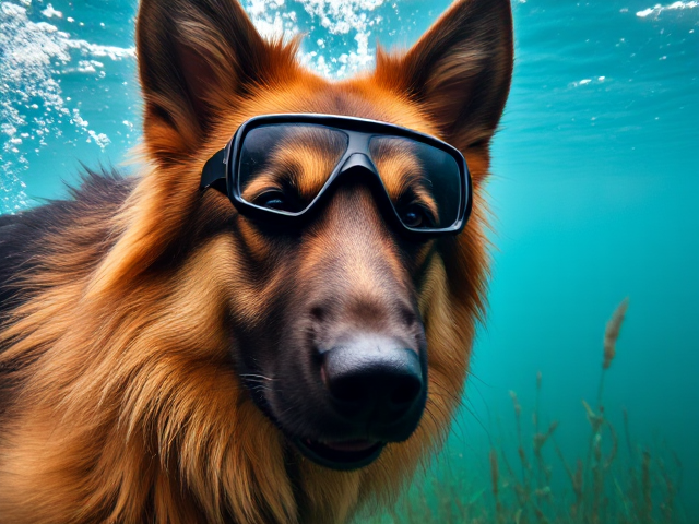Long haired German shepherd with detailed fur pattern, wearing sleek and modern freediving goggles, underwater scene with bubbles and aquatic plants