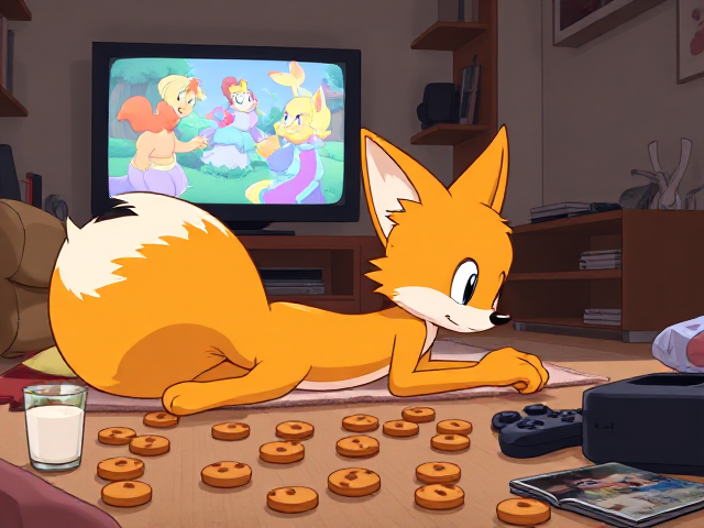 A highly detailed illustration of Miles "Tails" Prower, the two-tailed fox, lying on his stomach on a cozy couch with plush cushions and a warm blanket, intently watching TV while munching on cookies. The scene includes cookies scattered all over the floor in various shapes and sizes, some resting on his fluffy butt cheeks. The TV screen shows a colorful animated show, casting a soft glow over the room. Various items such as comic books, video game controllers, and a half-empty glass of milk are spread around the living area.