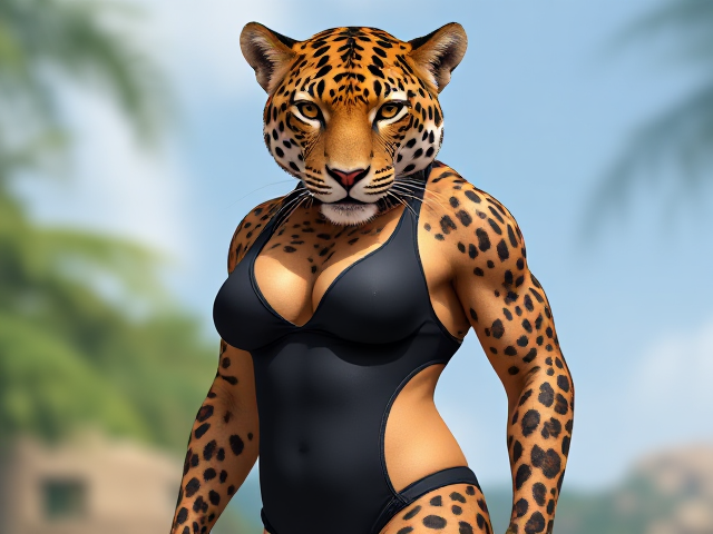 A anthropomorphic Jaguar wearing a high cut swimsuit