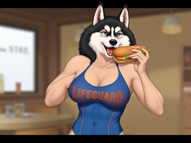 A muscular anthropomorphic female Alaskan malamute wearing a lifeguard one piece swimsuit eating a sub sandwich