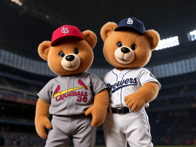 A human teddy bear tan fur blue eyes wearing a cardinals uniform red hat grey jersey grey pants with dirt on his left knee and chest and thighs posing with another human teddy bear beige fur wearing a brewers uniform navy hat navy jersey white pants dirt on his uniform posing in a minor league stadium