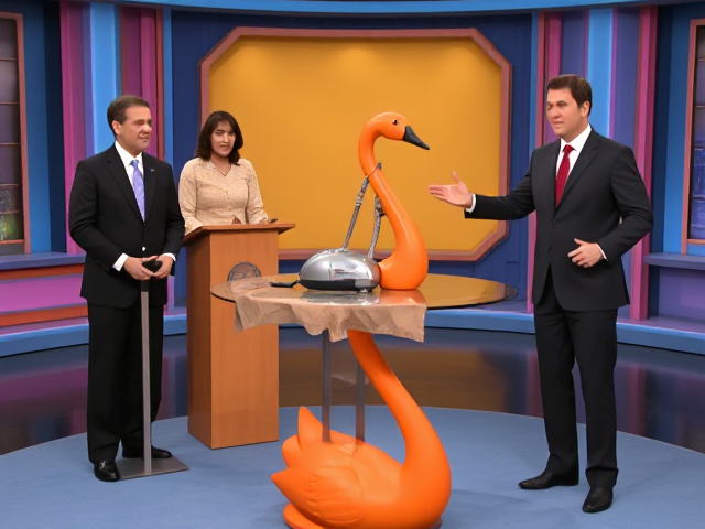 A game show studio with a host and two contestants. the contestants are standing at a small lectern and the host is to their right showing off the item on a table is a high table it is a glass top with a giant orange swan base, the glass is covered with a short vintage table cloth with a vacuum cleaner sitting on top. the studio set is decorated with a retro 70's and 80's aesthetic, colorful retro.