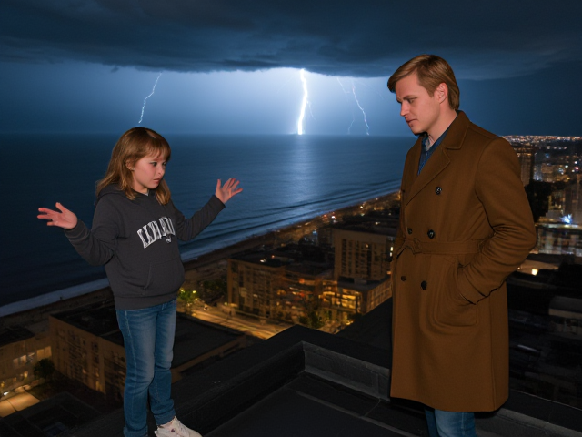 A petite 13-year-old girl with strawberry blonde hair, wearing a hooded pullover and jeans, is standing on the roof ledge of a night club. Next to her on the roof, standing nearby is a modern-day, pale skinned vampire in his late twenties, with blonde hair, dressed in a brown trench coat and jeans. He appears uneasy as he looks at her. The girl gestures angrily at him, flailing her arms outwards and scowling at him. A thunderstorm approaches the cityscape from the sea shore. Set at night.