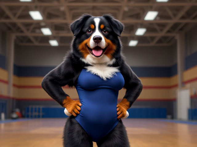 Anthropomorphic Bernese mountain dog with large hips, wearing a gymnastics leotard, in a gymnasium setting, detailed and vibrant