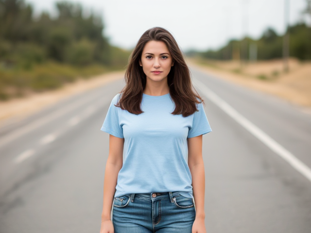 Brunette wearing a light blue t shirt and blue jeans on the road full body view with a dart in her neck