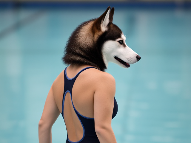 A anthropomorphic Siberian husky Olympic swimmer wearing a sportback swimsuit