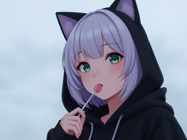 Pale petite girl, teal eyes, lilac hair, wearing a black hoodie that has cat ears on the hood, eating a lollipop