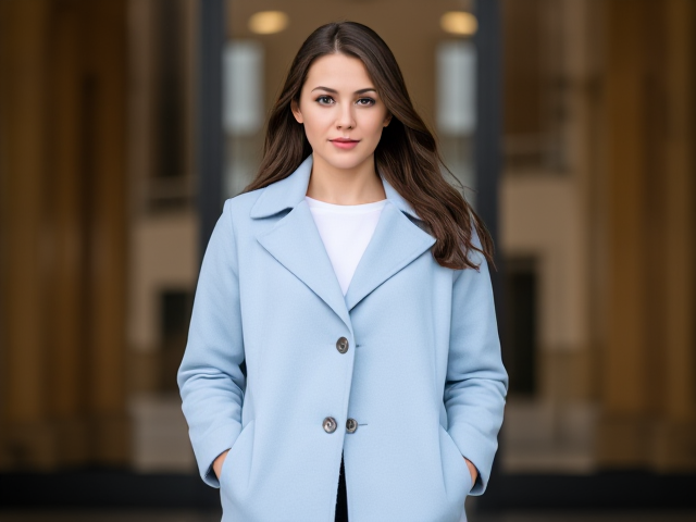 Brunette wearing a light blue coat and black jeans