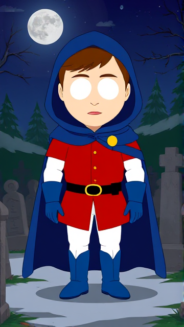 Dramatic Cartoon scene: Clyde Donovan from South Park, light skin and brown hair, but as a 14-Year Old teenager, dressed as a medieval prince, wearing a red shirt with white sleeves, a black belt with a gold buckle, white pants, blue boots, blue long-cuffed gloves, and wreathed in a really big, heel-length long, ultra-wide blue hooded cape around his neck held up by a golden button. He is now known as Prince Donovan. Despite still being a teen-age kid, he is the Youngest Ruler of South Park, Colorado, but now reborn as the real life Kingdom of Kupa Keep, Zaron, and Prince Donovan is its youngest and greatest hero. The young teen-age prince of Kupa Keep is currently standing in a graveyard at night, visiting the grave of his deceased mother, paying his respects while he wishes she could have seen the prince he has become.