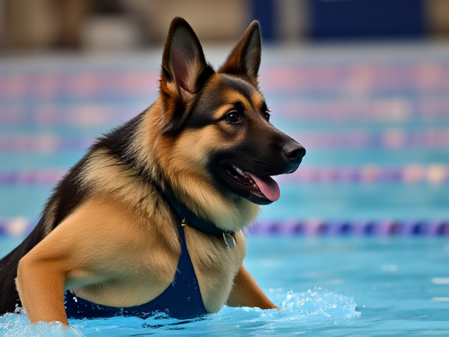 A anthropomorphic long haired German shepherd Olympic swimmer wearing a high cut one piece swimsuit