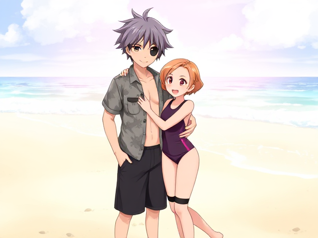 Anime style: Two young Pokemon trainers on a sunny beach, standing close/hugging. Male: grayish-black messy hair, amber eye, black eyepatch (purple gem), open Hawaiian shirt, dark swim shorts, barefoot. Female: short rose gold hair, sparkling fuchsia pink eyes, freckles, sporty rash guard, knee-length board shorts, barefoot. Warm, affectionate mood.
Anime style: Two young Pokemon trainers on a sunny beach, standing close/hugging. Male: grayish-black messy hair, amber eye, black eyepatch (purple gem), open Hawaiian shirt, dark swim shorts, barefoot. Female: short rose gold hair, sparkling fuchsia pink eyes, freckles, sporty rash guard, knee-length board shorts, barefoot. Warm, affectionate mood.
Anime style: Two young Pokemon trainers on a sunny beach, standing close/hugging. Male: grayish-black messy hair, amber eye, black eyepatch (purple gem), open Hawaiian shirt, dark swim shorts, barefoot. Female: short rose gold hair, sparkling fuchsia pink eyes, freckles, sporty rash guard, knee-length board shorts, barefoot. Warm, affectionate mood as they have little fun with each other