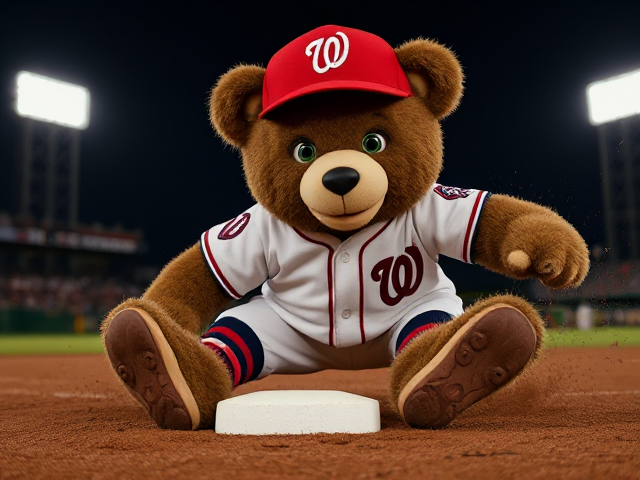 thin athletic human teddy bear 5 feet 5 inches tall dark creme fur green eyes wearing a nationals uniform red hat with a white letter N logo white jersey with Nats written across the front in navy and red white baseball pants with red and navy piping down the sides red baseball socks navy and red baseball cleats sliding headfirst on the dirt into second base on a minor league baseball field