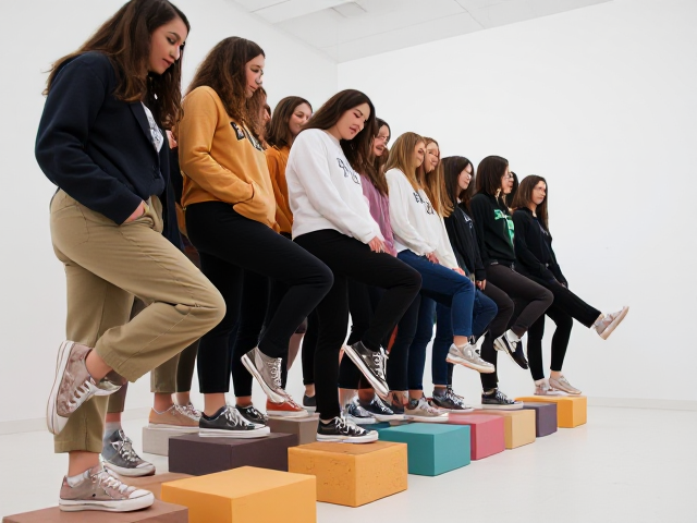 Large group of young women in Urban Outfitters khakis and hoodies and Chucks sneakers each standing with one foot on top of a small colored riser in a white room