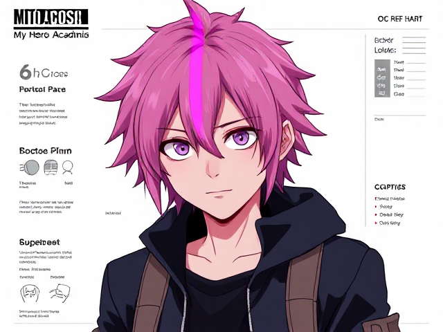 My hero academia oc ref sheet. Neon pink hair with bright purple strip.