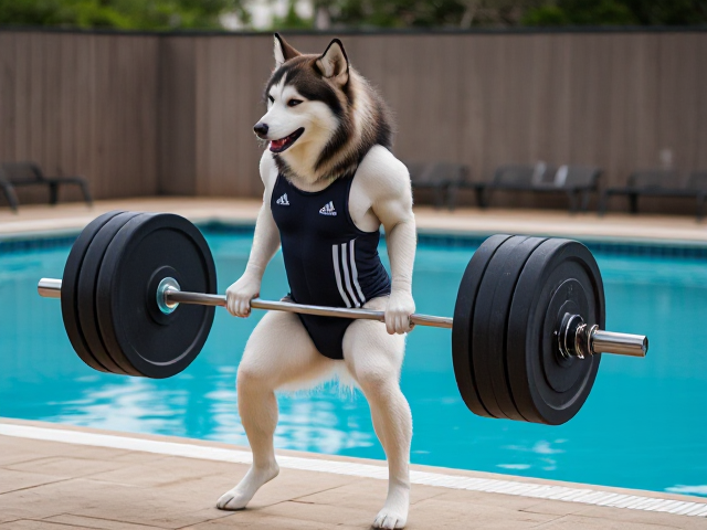 A anthropomorphic Siberian husky wearing an adidas swimsuit deadlifting a barbell on a pool deck