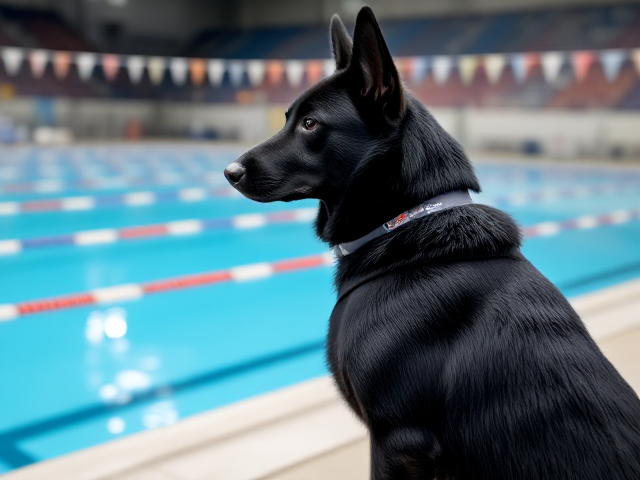 Anthropomorphic black German shepherd wearing a tight-fitting leotard, standing confidently by an Olympic swimming pool, vivid colors, sharp focus, detailed fur texture