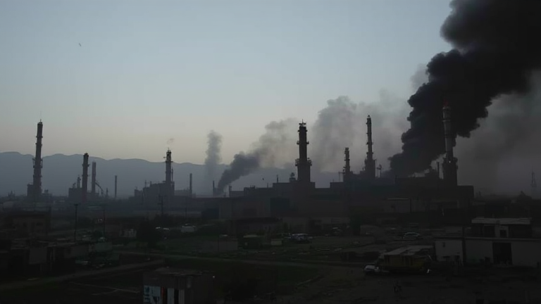 Image depicting the aftermath of Israel's airstrikes on two oil refineries in Iran, with smoke billowing from the damaged structures and emergency responders in action