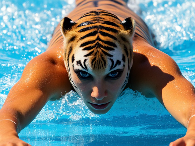 A female tiger Olympic swimmer doing the butterfly stroke
