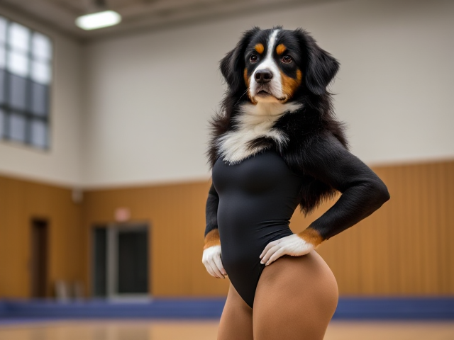 A slender Anthropomorphic Bernese mountain dog with large hips, wearing a gymnastics leotard, in a gymnasium setting, detailed and vibrant