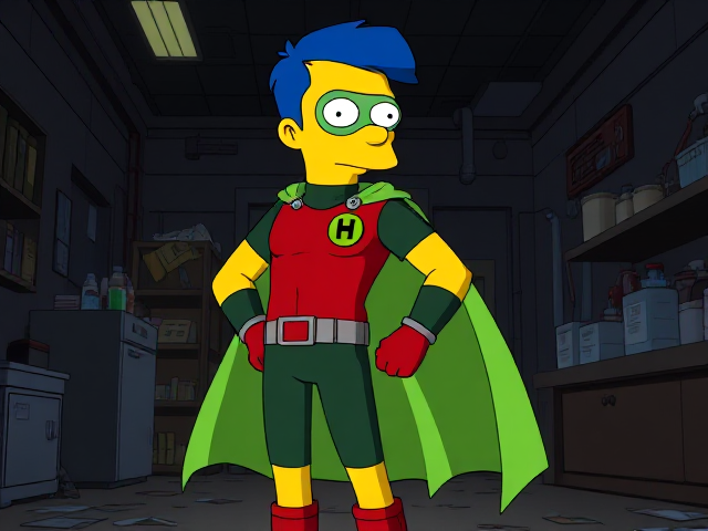 Cartoon scene: Milhouse Van Houten from The Simpsons, with his yellow skin, really big round nose, and blue hair that's slicked back and curled up at the top, but as a tall, 18-year old teenager with an extremely muscular body, dressed as a parodied version of Robin, The Boy Wonder, wearing a sleek dark green bodysuit with a red torso adorned with a small black circle with a light-green "H" symbol on his left pectoral, a silver utility belt with a red square buckle with silver pouches attached to it that hold all of his unique gadgets, red boots, red long-cuffed gloves, a really big, toe-length long, ultra-wide light-green cape wreathed around his neck held up by an inverted silver triangular button, and a light-green eye mask with optical lenses in it that protects his true identity, now known as Houseboy, The Nerd Wonder, the other half of Springfield's Dynamic Duo, and one of the greatest vigilante superheroes ever known in Springfield. In this scene, Houseboy is currently standing in a dark, abandoned laboratory at night, looking for clues to the mystery he is trying to solve.