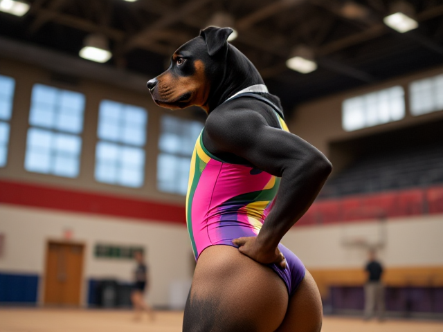 Anthropomorphic Rottweiler wearing a vibrant, colorful gymnastics leotard, highlighting strong and muscular hips, set in a lively gymnasium with bright lighting and energetic atmosphere
