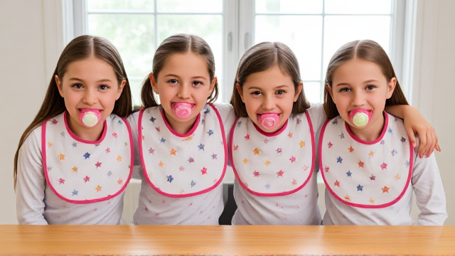 Quatres filles adolescentes assise a table avec des grandes serviette étoile autour du cou de différentes couleurs et des tétines en bouche de différentes couleurs elles ont les cheveux lisses et dégagé à l’avant elles sont en pyjamas simple et il y a une grande fenêtre derrière la table et elles se font un gros câlin