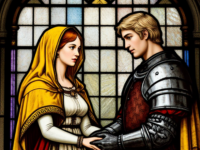 Medieval stained glass of a red headed young woman wearing a bright yellow cloak and white tunic with a flame covered veil marrying a blonde knight.