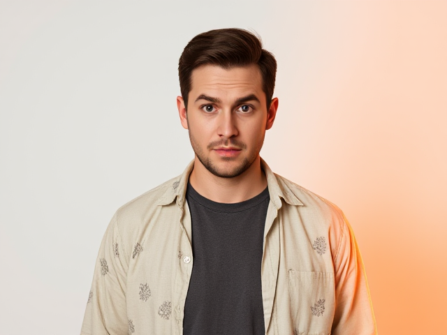 create a man who should have a very disgusted or confused expression—slightly raised eyebrows and an awkward expressions—as he looks directly at the viewer. Style him in a light-colored casual shirt with patterns layered over a dark t-shirt. Add a bright orange glow on the right side of his figure to highlight him as the main subject. Position him slightly larger till the waist complete