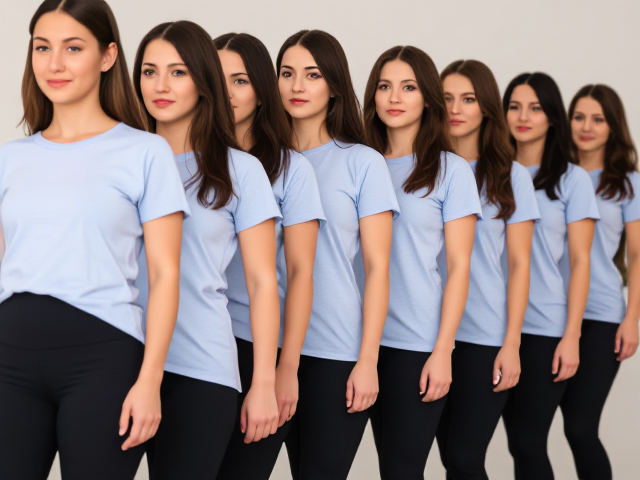 Line of multiple brunettes wearing a light blue t shirt that goes to her knees and black yoga pants