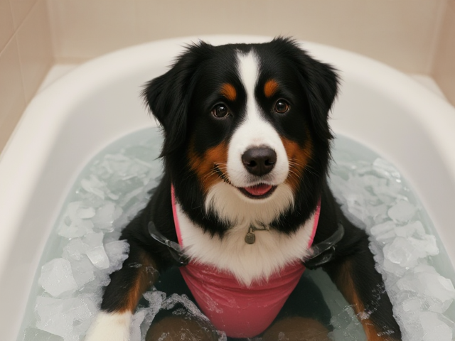 A anthropomorphic Bernese mountain dog wearing a gymnastics leotard submerged in a bathtub full of ice