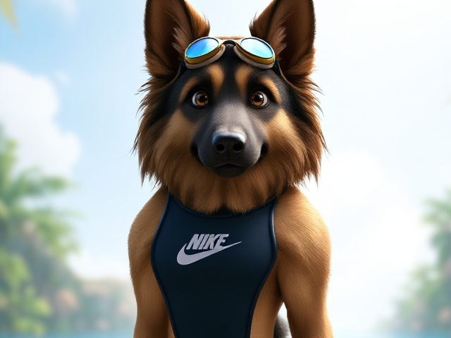 A tall anthropomorphic long haired German shepherd with a long torso and broad shoulders wearing a Nike high cut one piece swimsuit and swimming goggles