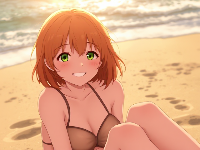 1girl, orange hair, green eyes, freckles, grinning, sitting on a beach, happy,