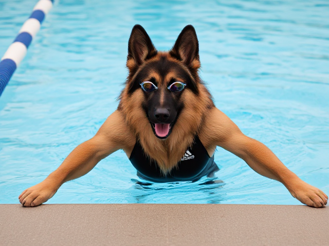 A tall anthropomorphic long haired German shepherd wearing an adidas swimsuit and swimming goggles stretching before a swim