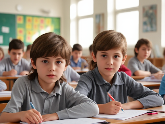 Des élèves noirs âgés de huit ans assis dans une salle de classe lumineuse, concentrés sur un devoir, avec des bureaux et du matériel scolaire visible autour d'eux, lumière naturelle entrant par les fenêtres