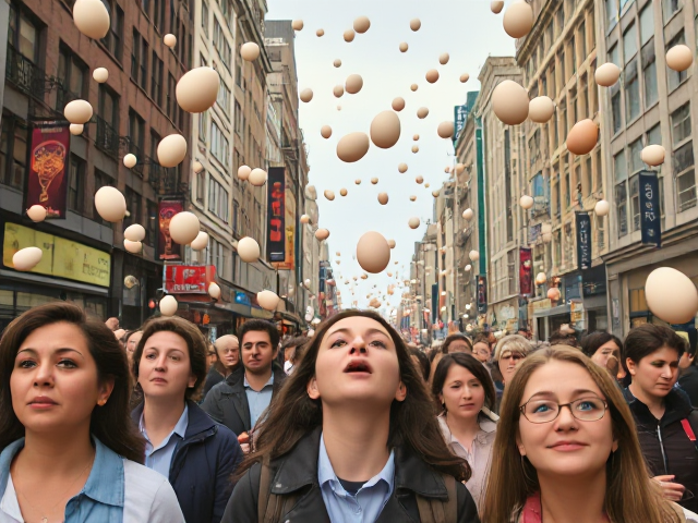 a bustling city at noon with eggs raining from the sky, people looking up in surprise as the eggs fall on their faces, vibrant and detailed scene