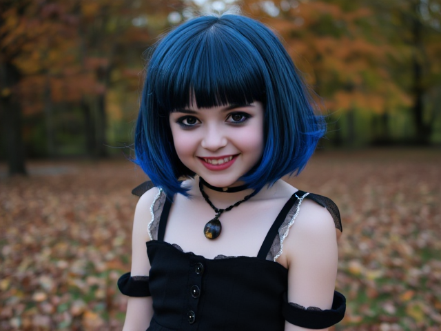 Young Nympho Goth girl with blue black short hair, dark makeup, Halloween spooky dress, fall Autumn leaves and trees in background, spooky smile.