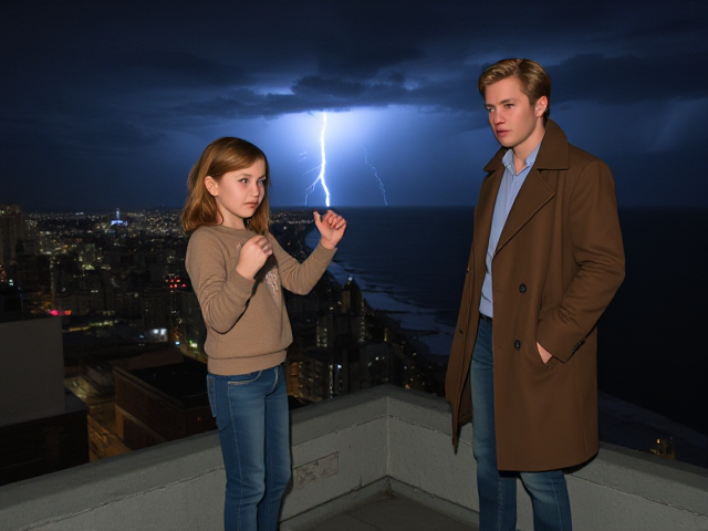 A petite 13-year-old girl with strawberry blonde hair, wearing a pullover and jeans, is standing on the roof ledge of a night club. Next to her on the roof, standing nearby is a modern-day, pale skinned vampire in his late twenties, with blonde hair, dressed in a brown trench coat and jeans. He appears uneasy as he looks at her. The girl gestures angrily at him, flailing her arms. A thunderstorm approaches the cityscape from the sea shore. Set at night.