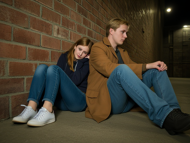 a petite, 13-year-old girl with strawberry blonde hair, wearing jeans and a hooded pullover, sits slumped with her back against a brick wall, feet forward, legs outstretched. Next to her sits a modern-day male vampire, 28 years old, with pale skin and blonde hair, dressed in jeans and a brown trenchcoat. The vampire is slumped against the wall as well, feet forwards, legs outstretched. The girl has a forlorn look and rests her head on the vampire's shoulder. Set at night in an abandoned warehouse, in a holding room with no windows. The vampire is roughed up from a fight. Both have their backs against the wall. 
The vampire looks straight ahead, worried..