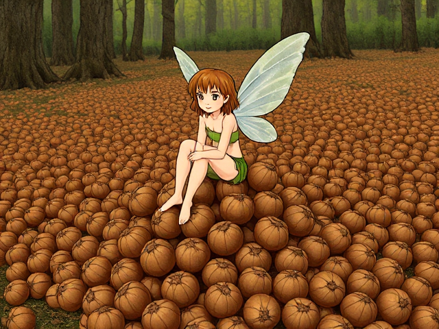 illustration of a Fairy sitting on a pile of unshelled hazelnuts
