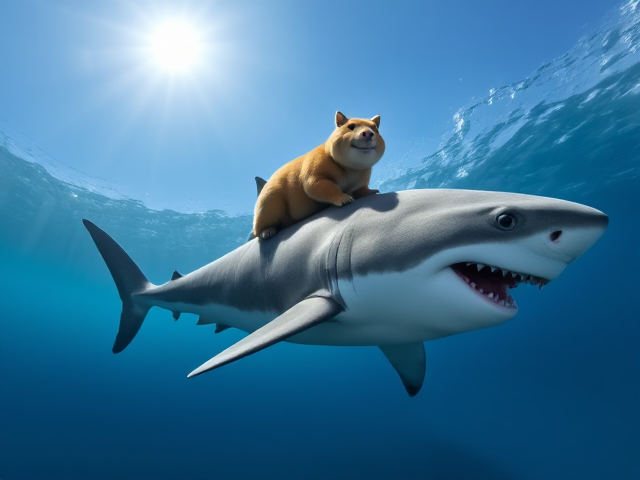 A cute smiling capybara riding on the back of a happy great white shark above the surface of the ocean with the sun shining above