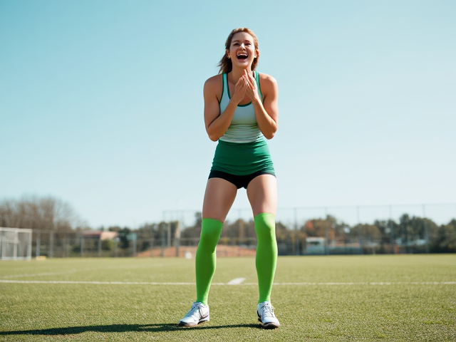 Beautiful middle aged woman athlete with great calf muscles in bright green thigh high socks, short shorts, a tight white and green tank top and cleats, howling in hysterical and uncontrollable laughter while standing in a playing field