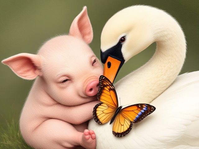 A cute pig and swan cuddling with butterfly