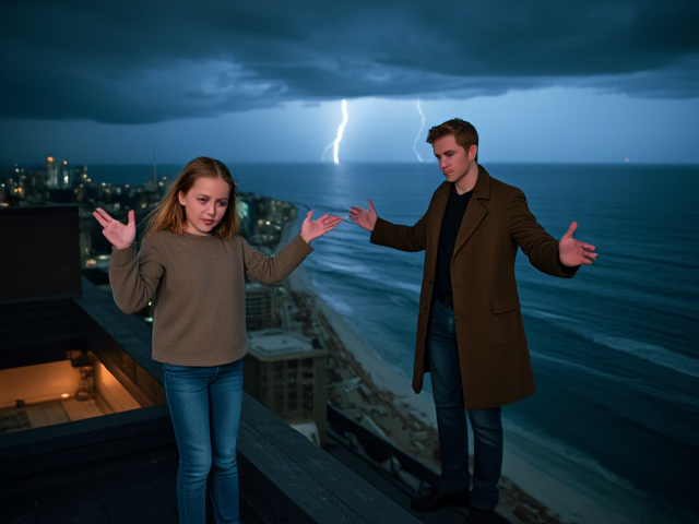 A petite 13-year-old girl with strawberry blonde hair, wearing a pullover and jeans, is standing on the roof ledge of a night club. Next to her on the roof, standing nearby is a modern-day, pale skinned vampire in his late twenties, with blonde hair, dressed in a brown trench coat and jeans. He appears uneasy as he looks at her. The girl gestures angrily at him, flailing her arms outwards and scowling at him. A thunderstorm approaches the cityscape from the sea shore. Set at night.