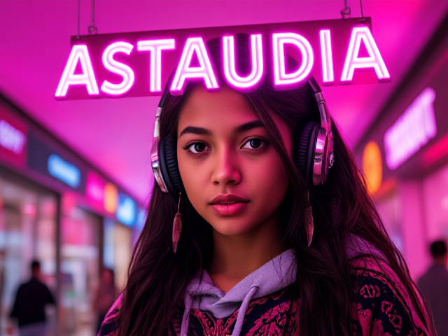 Craft a high-definition portrait that encapsulates the vibrancy of the 1980s neon aesthetic. The subject is a youthful indigenous girl with white skin, her long, lustrous ebony hair flowing freely and embellished with intricate feather earrings. She dons fashion-forward headphones ingeniously fusing native motifs with the latest in audio technology. Her attire consists of a contemporary hoodie designed with tribal patterns, casually draped over her shoulders. The young woman's eyes are mesmerizing and seductive as they lock onto the viewer's through the lens. She cannot contain her desire. Set against a backdrop that radiates a neon glow akin to the electric nightlife of the 80s, soft lighting permeates the scene creating an intimate nocturnal mall atmosphere. Suspended above her, the word "ASTAUDIA" shines prominently in an illuminated retro-futuristic font that reflects chrome effects synonymous with that era’s style. Directly below, inscribe the term "PRODUCT" to complete this homage to past and present influences.