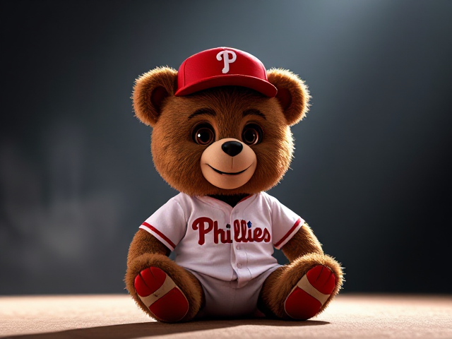 A short sticky human teddy bear brown fur brown eyes wearing a Phillies uniform red hat white jersey and pants red socks and cleats smiling