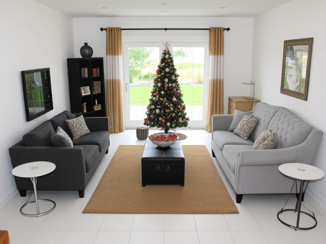 a small enclosed step down living room, absolutely no windows, just white walls on both sides, only one white double french door facing me with space on both sides of the door, french doors lead to backyard, white tiles, 3 sitting furniture (2 charcoal grey furniture, and 1 really high back light gray love seat with rhinestones that seats two persons), tan area rug and 3x5ft black bookshelf, absolutely no furniture in front of the french doors, two white round end tables with black metal legs, one 2x5 ft tan book shelf,  just ONE big black and gold christmas tree and gold and white ombre curtains on the french doors, black trunk in the center of the rug, one tan 2x5ft bookshelf