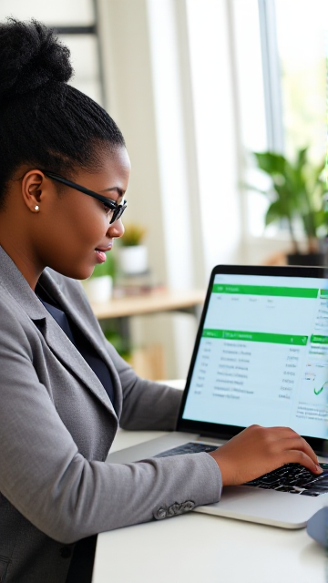 A modern, professional  depicting a business owner analyzing financial data using a digital Chart of Accounts interface using a sleek laptop screen showing  account categories with a greenish UI. The background is a bright office environment with a desk, plants, and office supplies. The business owner, a middle-aged African woman in smart casual attire, appears focused and engaged, representing the importance of financial management. The overall tone is optimistic and productive, highlighting the benefits of using a modern financial management tool