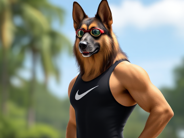 A tall anthropomorphic long haired German shepherd with a long torso and broad shoulders wearing a Nike high cut one piece swimsuit and swimming goggles